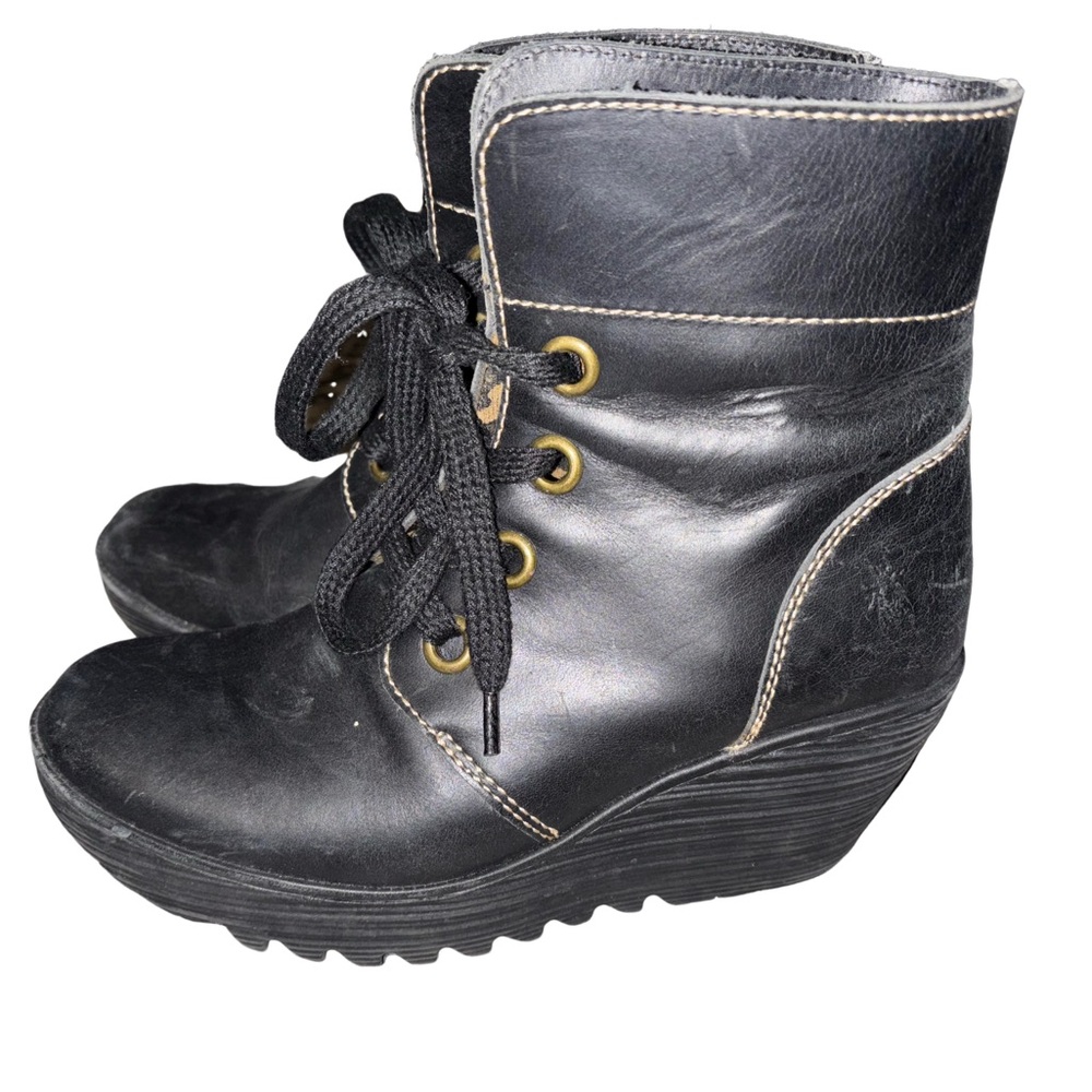 Fly London Ankle Wedge Boots Lace Up black Leather - Picture 7 of 11